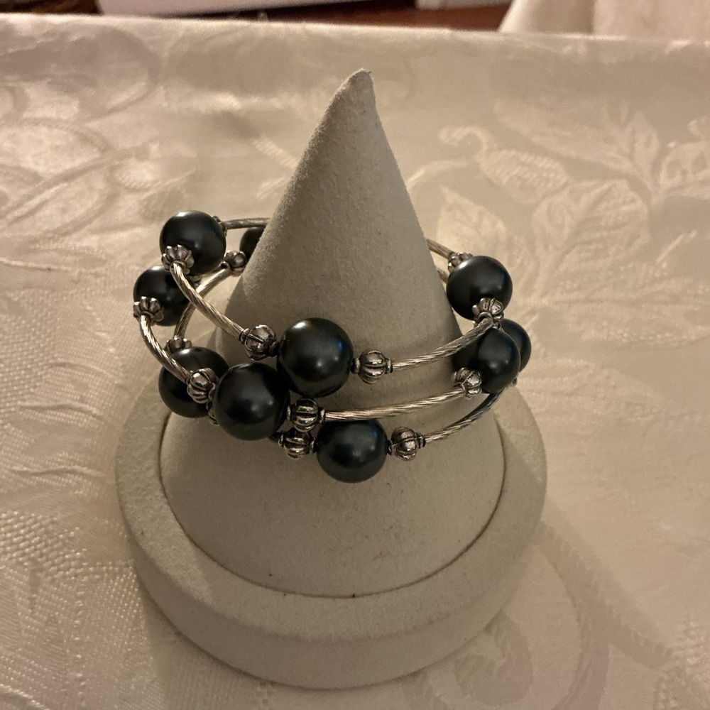Gray Faux Pearl Silver Tone Coil Bracelet